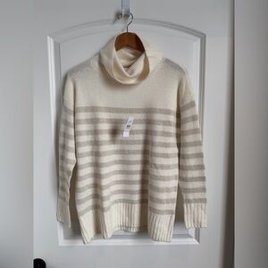 LOFT Ivory and Tan Striped Cowl Neck Sweater